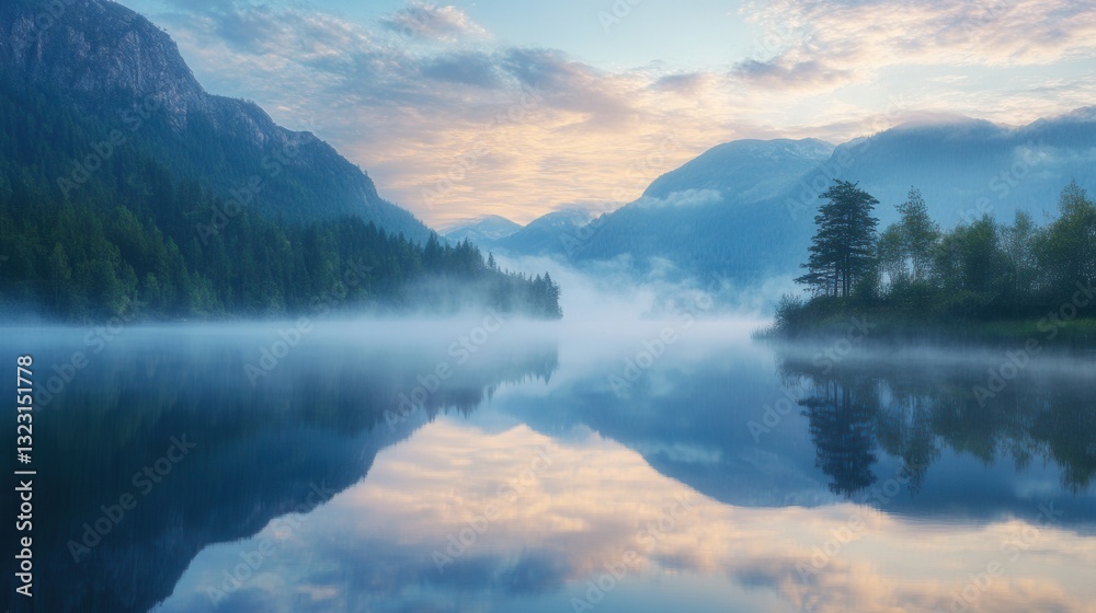 Serene Morning Reflections Over Calm Lake Surrounded by Lush Green Forest and Majestic Mountains at Dawn Serene Morning Reflections Over Calm Lake Surrounded by Lush Green Forest and Majestic Mountains at Dawn
