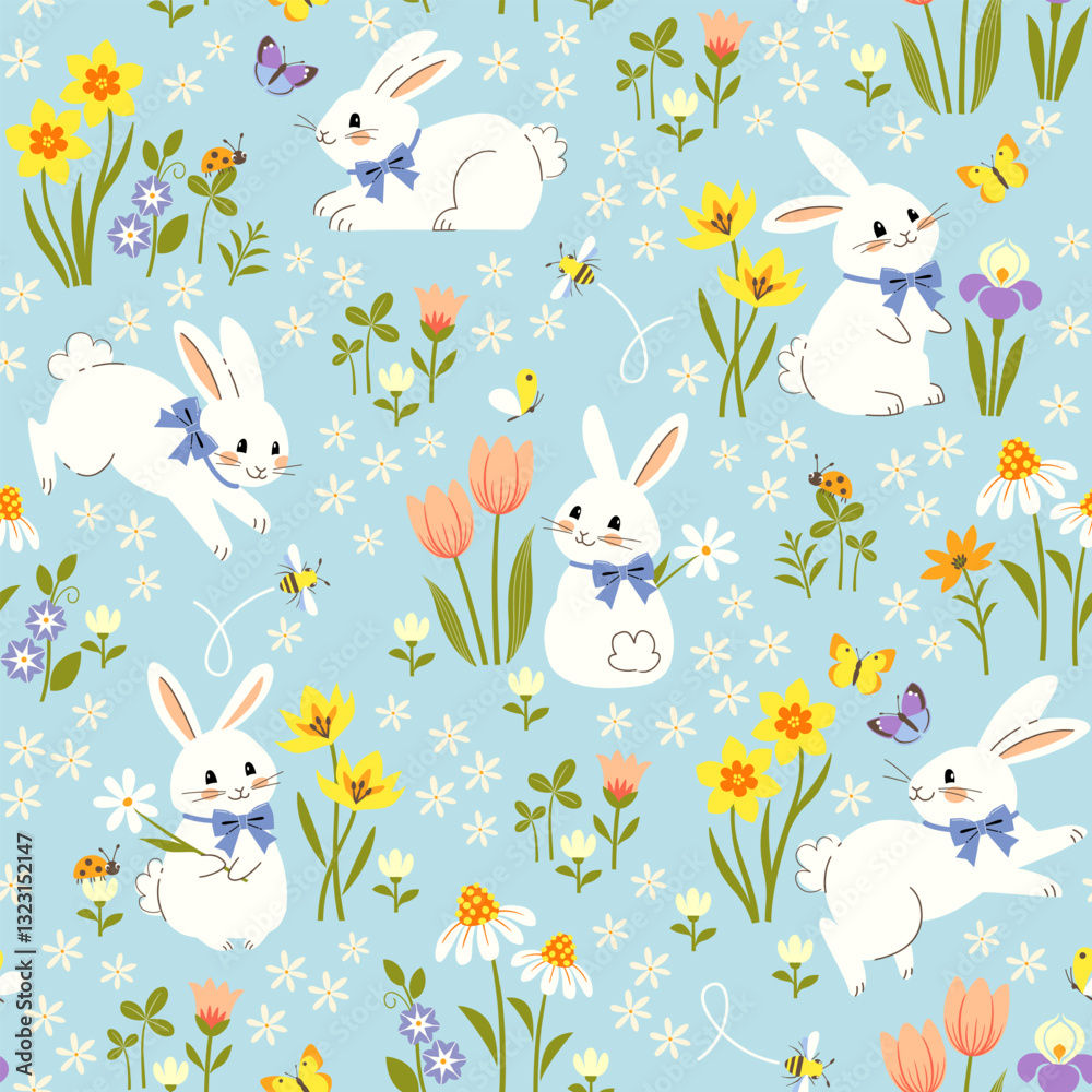 Vector seamless pattern of cute Easter Bunnies in blooming spring flowers on blue background.