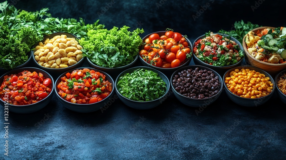Overhead view of assorted healthy food dishes artfully arranged on a stylish table with ample free space for text, showcasing vibrant colors, fresh ingredients, and creative culinary presentation