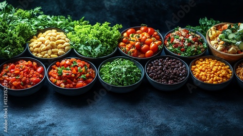 Obraz na płótnie Overhead view of assorted healthy food dishes artfully arranged on a stylish table with ample free space for text, showcasing vibrant colors, fresh ingredients, and creative culinary presentation w salonie