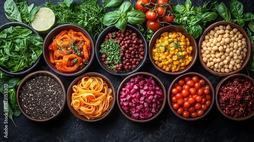 Overhead view of assorted healthy food dishes artfully arranged on a stylish table with ample free space for text, showcasing vibrant colors, fresh ingredients, and creative culinary presentation