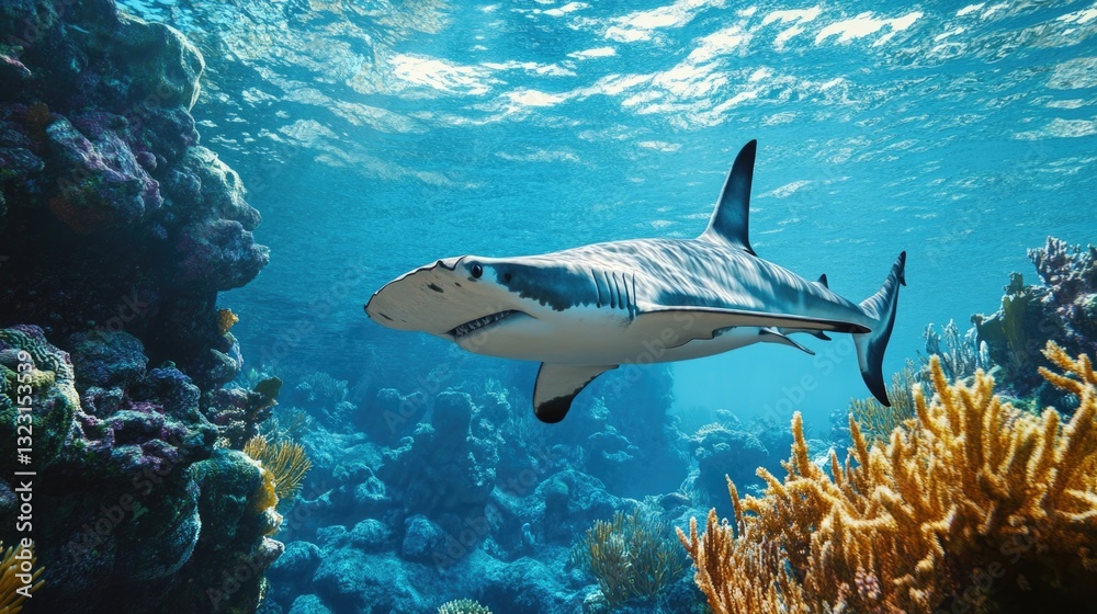Fototapeta premium A large shark swims near colorful coral underwater freely