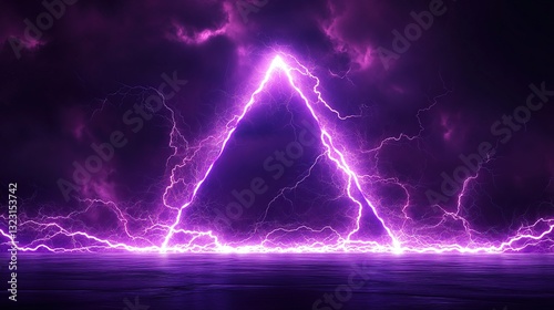Dramatic purple lightning strike forming a triangle against a dark stormy sky, reflected on a dark surface. Ideal for backgrounds or design projects.