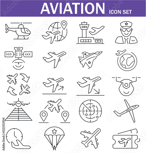 Set of 20 outline icons aviation . Linear icon collection. Editable stroke. Vector illustration. EPS 10.