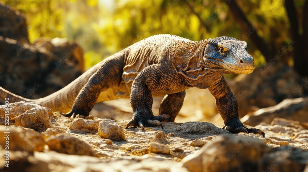 Fototapeta premium A large monitor lizard walks confidently across a rocky terrain