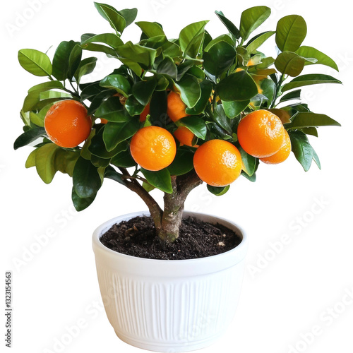 Small orange tree growing in a white pot with vibrant green leaves and bright citrus fruits in a natural environment isolated white background