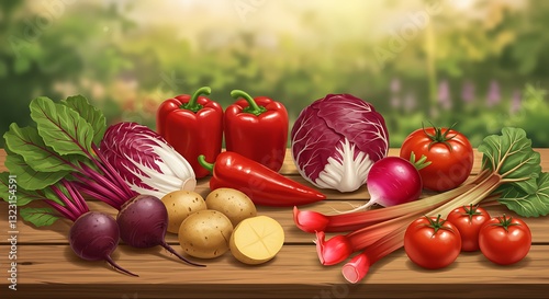 Fresh Vegetables Assortment on Wooden Table in Garden Setting