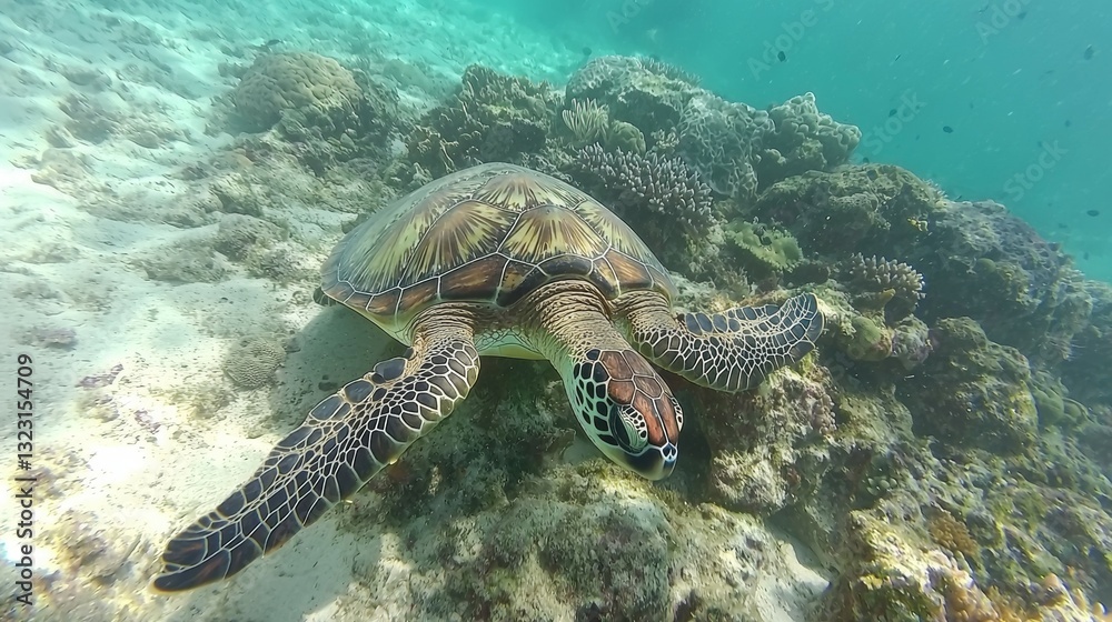 Fototapeta premium A sea turtle swimming gracefully in clear tropical waters, vibrant coral reef in the background. --chaos 20 --ar 16:9 --quality 2 --v 6.1 Job ID: a0326408-ce04-4161-88b8-c7518cca5805