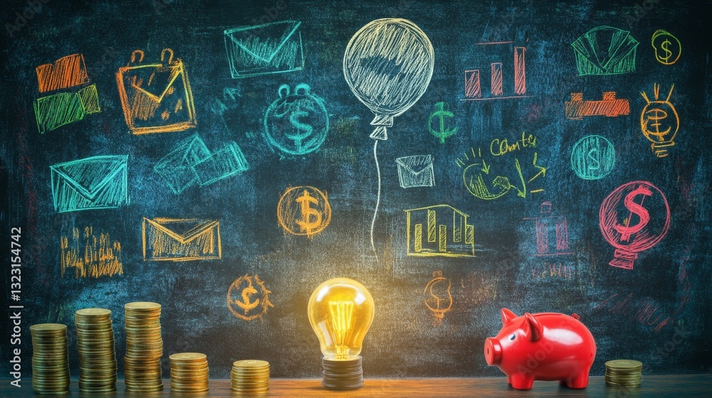 Vibrant Chalkboard Surface with Creative Illustrations and Light Bulb Vibrant Chalkboard Surface with Creative Illustrations and Light Bulb