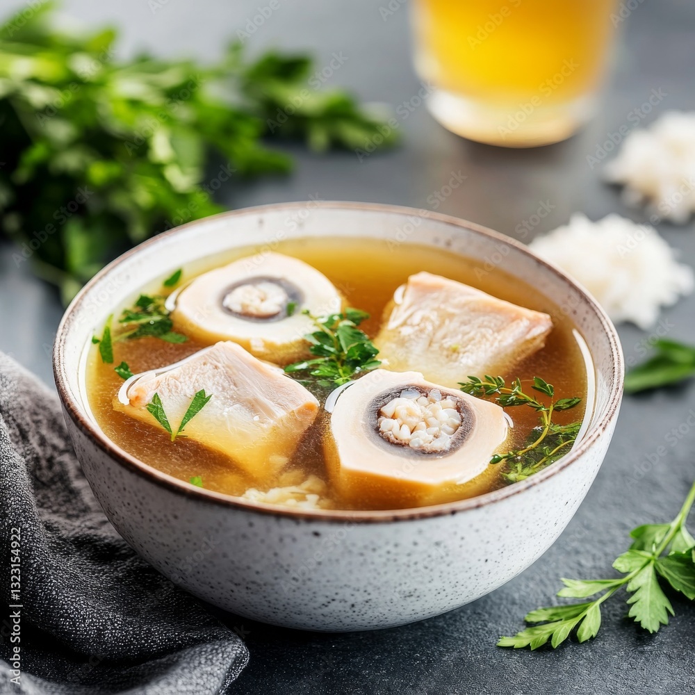 Canine-friendly bone broth soup with marrow bones, herbs, and rice Canine-friendly bone broth soup with marrow bones, herbs, and rice