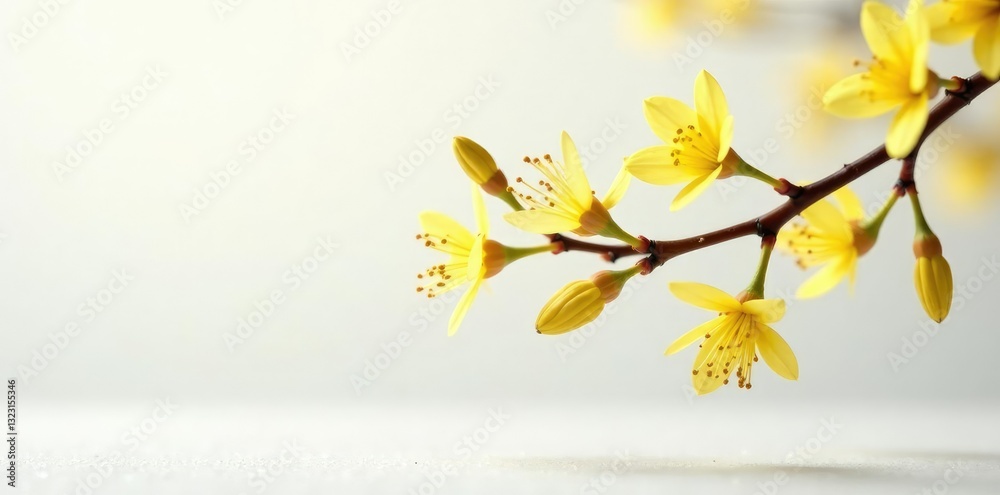 Delicate forsythia twigs unfolding on a pristine white surface, spring blossoms, garden Delicate forsythia twigs unfolding on a pristine white surface, spring blossoms, garden