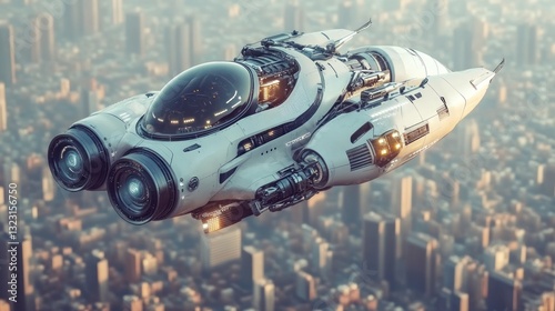 Fototapeta Naklejka Na Ścianę i Meble -  A fantastic steampunk-style robot equipped with metal wings and steam-powered jet engines hovers in the air over a vast urban landscape.