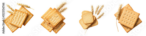 Close up top view of traditional golden wheat crackers or biscuits arranged in a flat lay on a clean white background  The crackers have a crunchy texture and are accompanied by wheat stems