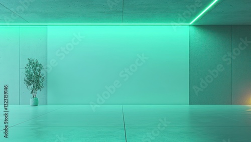 Green neon light accents a serene space with blank wall, 3D render.