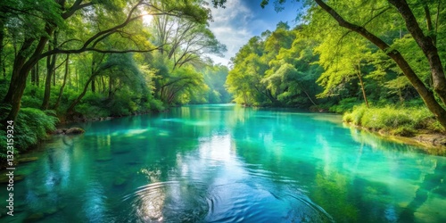 Tranquil turquoise river flowing through a lush forest on Summer Solstice Day, serene nature scene, summer solstice