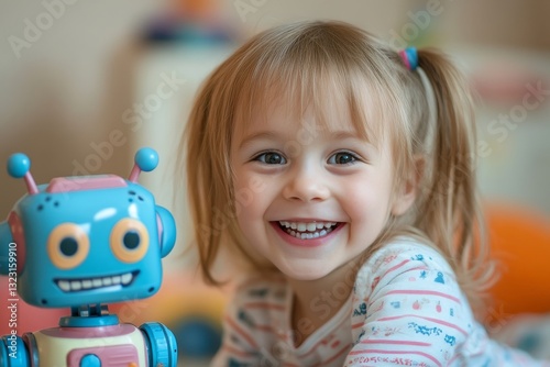 Happy child with toy robot