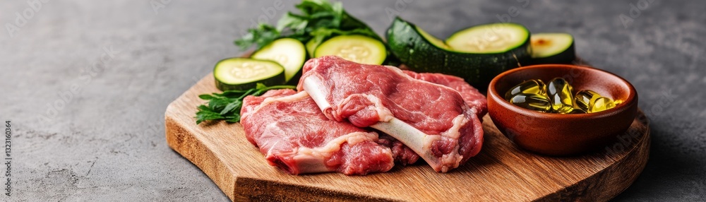 DIY dog meal prep with fresh lamb, zucchini, and omega-rich fish oil on a wooden board DIY dog meal prep with fresh lamb, zucchini, and omega-rich fish oil on a wooden board