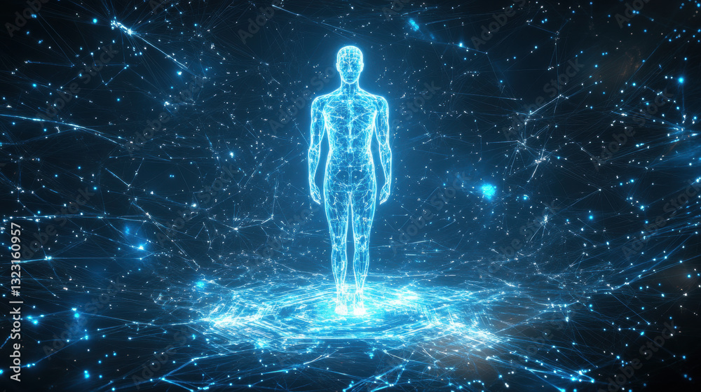 Abstract digital human hologram floating in the center of space, surrounded by glowing blue light particles and a cosmic background Abstract digital human hologram floating in the center of space, surrounded by glowing blue light particles and a cosmic background
