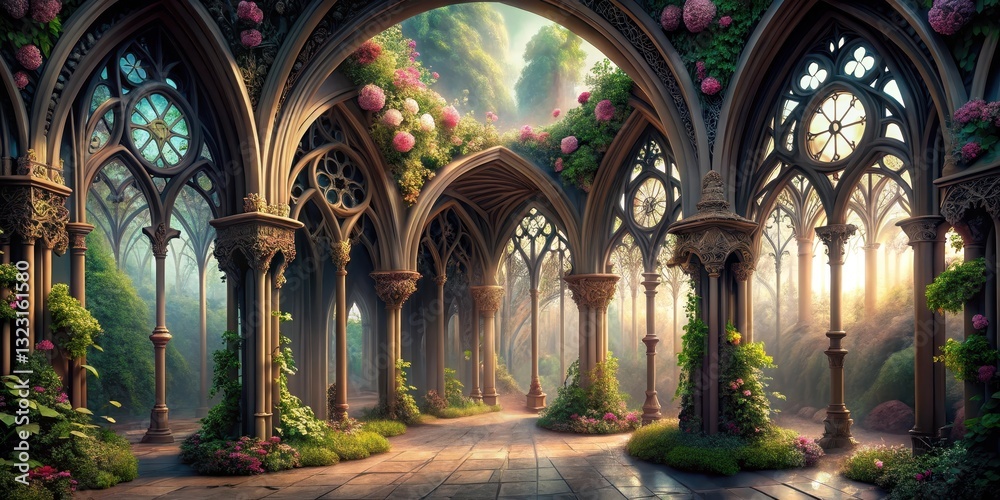 Fototapeta premium intricate gothic arches with entwined vines and flowers, intricate patterns, mysterious, intricate patterns