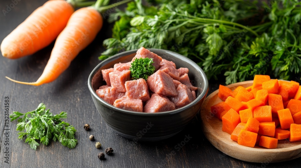 Home-cooked wet dog food made with grass-fed lamb and organic carrots