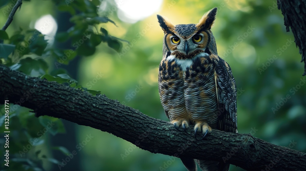 Obraz premium An owl perched on a tree branch looking directly at the viewer