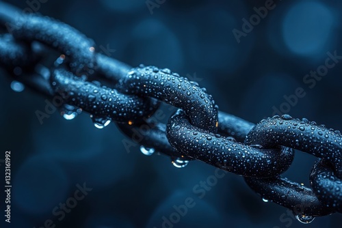 Wet Metal Chain: Close-up of a chain with water droplets reflecting strength and resilience in detail