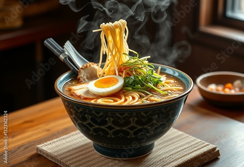 Ramen with savory broth, springy noodles, and colorful toppings