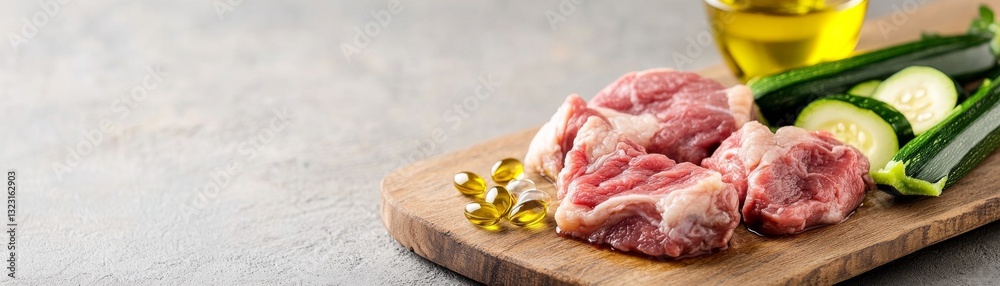 DIY dog meal prep with fresh lamb, zucchini, and omega-rich fish oil on a wooden board DIY dog meal prep with fresh lamb, zucchini, and omega-rich fish oil on a wooden board