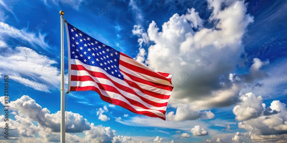 Obraz premium A lone American flag gently swaying in the breeze against a bright blue sky with white puffy clouds on Memorial Day morning , memorial day, outdoor scene