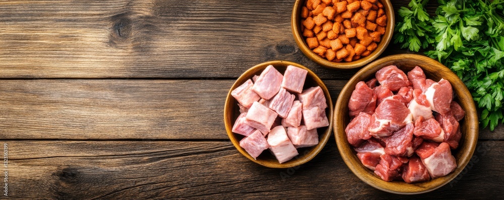 Sustainable dog food ingredients displayed on a rustic wooden table Sustainable dog food ingredients displayed on a rustic wooden table