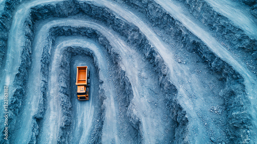 Aerial view of large truck navigating spiral pathways in an open-pit mine, surrounded by barren grey terrain.