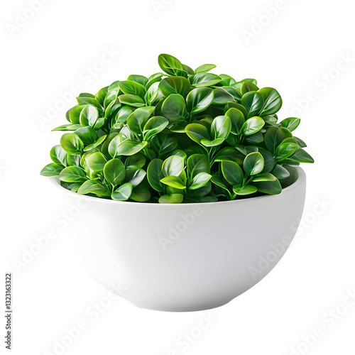 Green plant in a white bowl on a white background  , Top view of a vibrant plant in a container , Transparent background