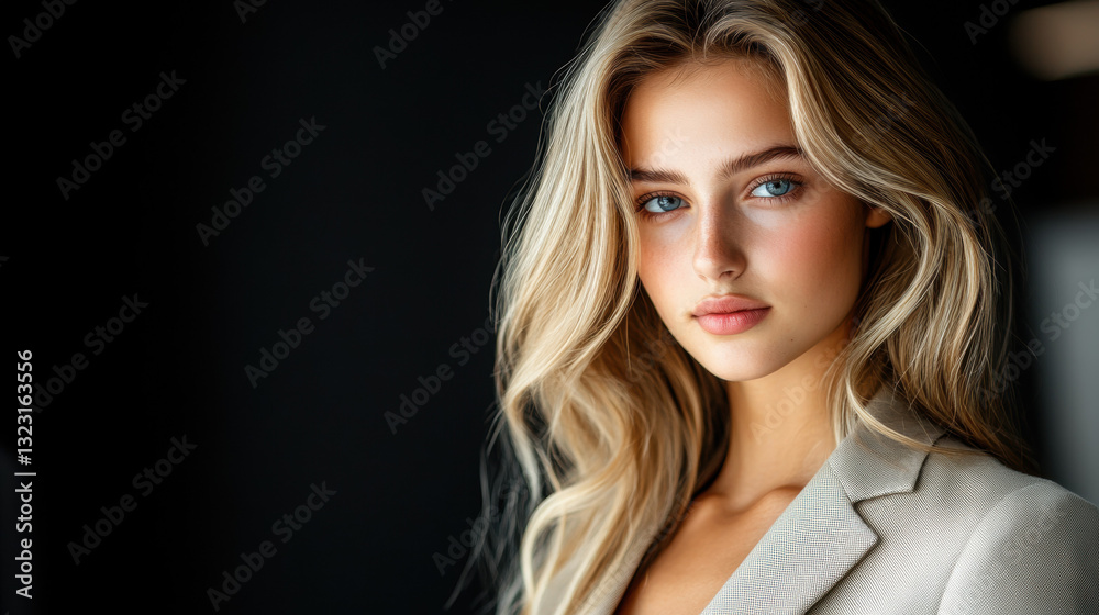 Stunning fashion model with long blonde hair posing stylishly during a photoshoot in a studio background setup Stunning fashion model with long blonde hair posing stylishly during a photoshoot in a studio background setup