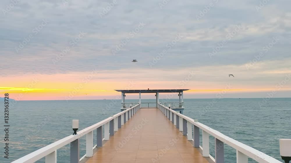 A long bridge stretching out into the sea, offering a beautiful view of the sea, with bright sunlight and clear sky.