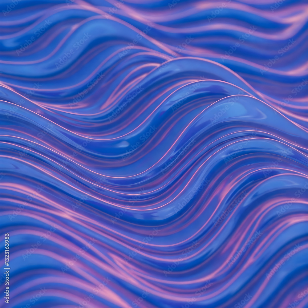 Fototapeta premium Futuristic liquid texture with iridescent blue and purple reflections. Abstract waves create a mesmerizing, fluid-like pattern, perfect for backgrounds, design elements, or digital art concepts.