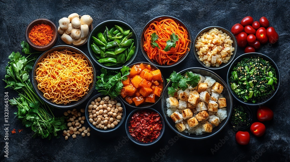 Vibrant collage of diverse food products featuring fresh fruits, crisp vegetables, whole grains, aromatic spices, and organic ingredients artfully arranged to celebrate natural flavors