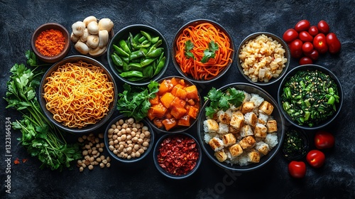 Obraz na płótnie Vibrant collage of diverse food products featuring fresh fruits, crisp vegetables, whole grains, aromatic spices, and organic ingredients artfully arranged to celebrate natural flavors w salonie