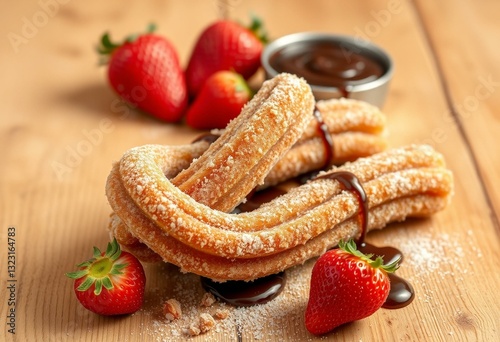 Freshly fried churro with cinnamon sugar coating, served with strawberries and chocolate sauce