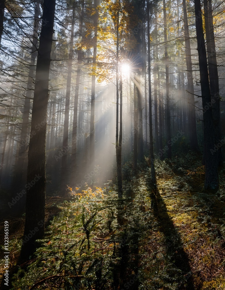 Fototapeta premium dense forest in autumn with colored leaves and sun shining through fog