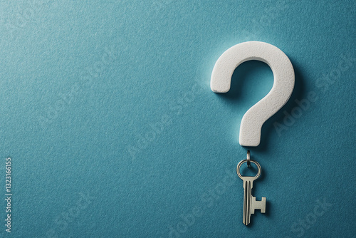 White question mark with key on blue background symbolizing answers and solutions. Conceptual image for problem-solving.