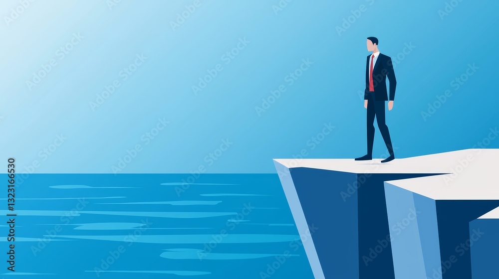 A business risk and economic uncertainty illustration, featuring a corporate figure stepping off a rocky edge as financial decline looms A business risk and economic uncertainty illustration, featuring a corporate figure stepping off a rocky edge as financial decline looms