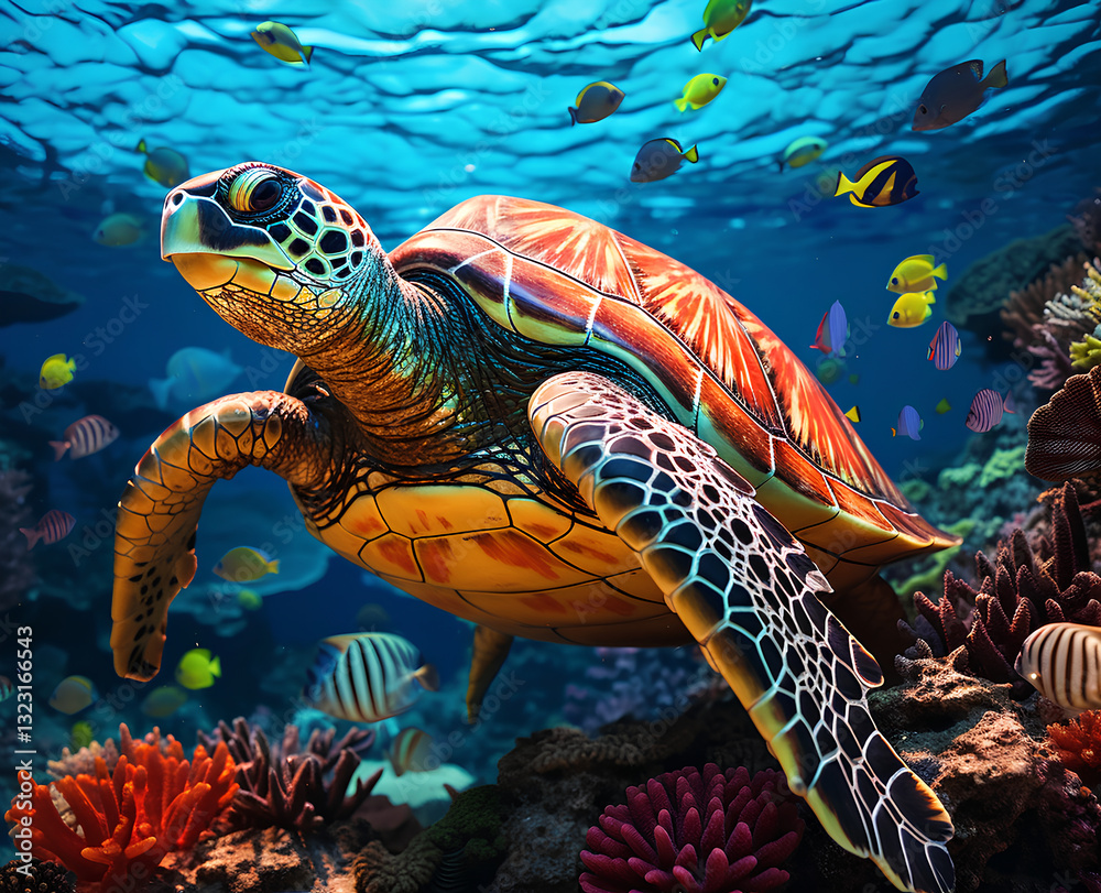 Fototapeta premium A Bale of Turtles Underwater in a Mosaic Style