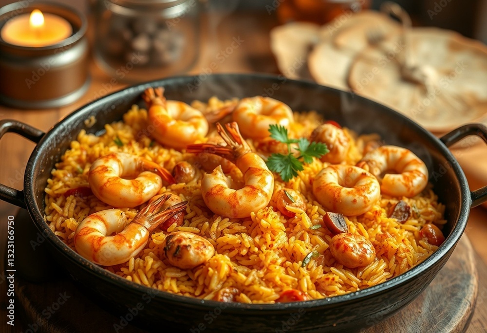 A warm and inviting image of a delicious Paella dish A warm and inviting image of a delicious Paella dish