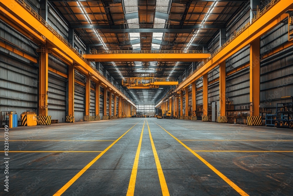 Vast industrial warehouse interior with overhead cranes. Ideal for concepts of manufacturing, logistics, or industry. Vast industrial warehouse interior with overhead cranes. Ideal for concepts of manufacturing, logistics, or industry.