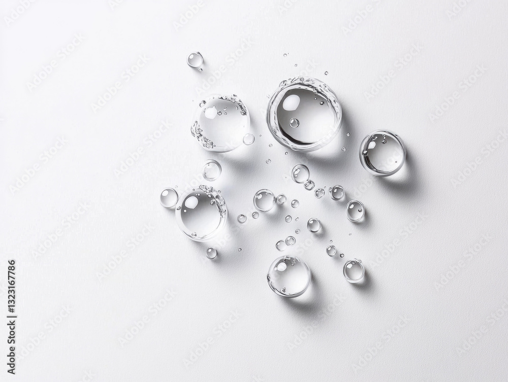 Fresh water droplets forming on a pure white surface showcasing a clean and inviting aesthetic in a flat lay Fresh water droplets forming on a pure white surface showcasing a clean and inviting aesthetic in a flat lay