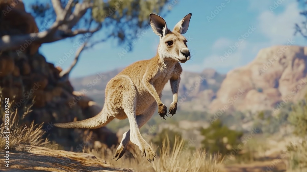 Naklejka premium A kangaroo is jumping across a rocky and grassy landscape