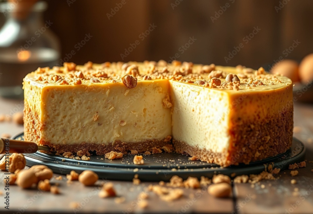 Decadent cheesecake with golden-brown crust and creamy filling Decadent cheesecake with golden-brown crust and creamy filling
