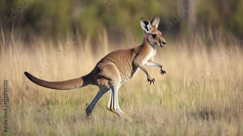 A single kangaroo is running across a grassy field landscape