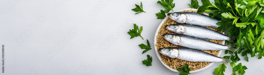 Fresh sardines, parsley, and brown rice dog meal for an omega-3-rich diet, beautifully arranged Fresh sardines, parsley, and brown rice dog meal for an omega-3-rich diet, beautifully arranged