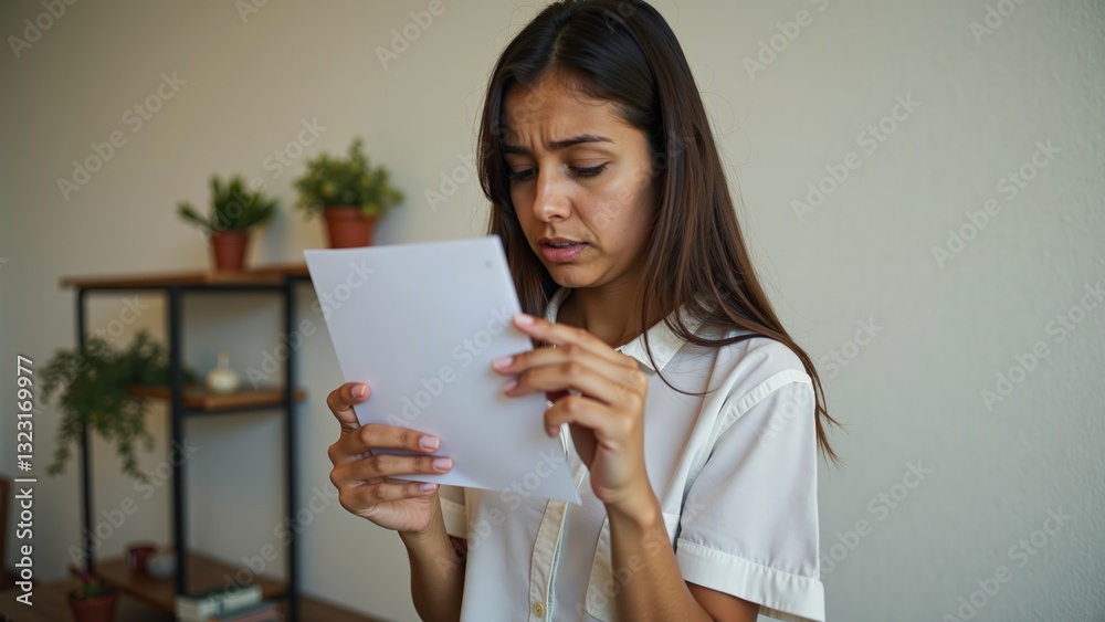 A young woman is holding and examining a piece of paper with a concerned expression on her face. She appears to be reading something important or worrying about the content. A young woman is holding and examining a piece of paper with a concerned expression on her face. She appears to be reading something important or worrying about the content.